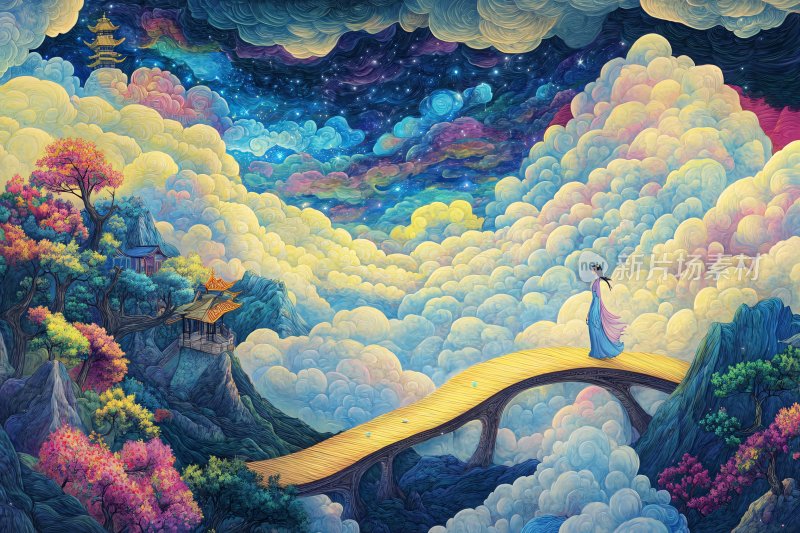 梦幻云端桥上的女子景象