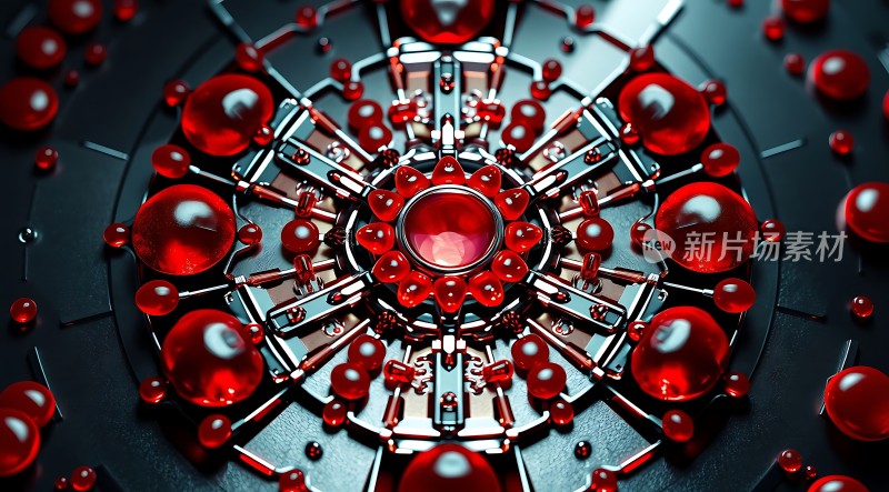 红色机械装置与透明球体结合的艺术作品