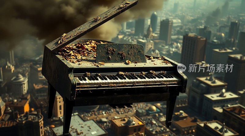 钢琴悬空的城市废墟