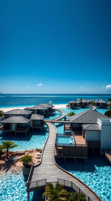 碧海蓝天下的水上木屋度假胜地