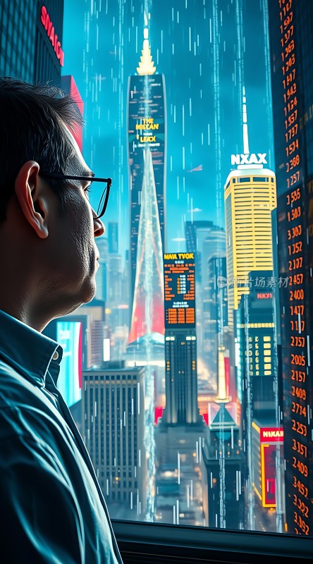 都市雨夜金融巨擘霓虹闪烁股市风云