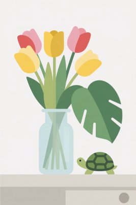 卡通插画瓶花与乌龟