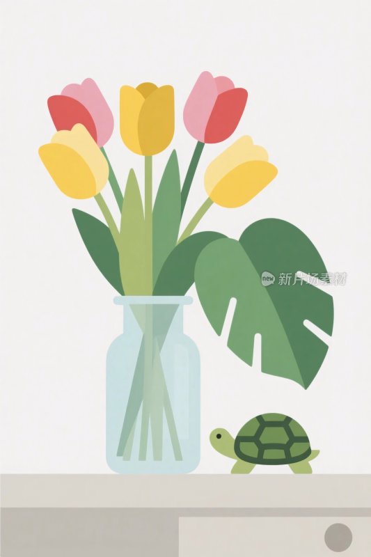 卡通插画瓶花与乌龟