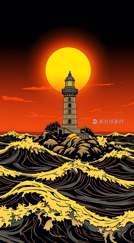 日落灯塔海浪汹涌