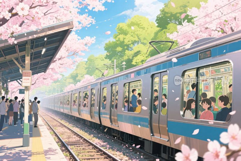 樱花季节的火车站台