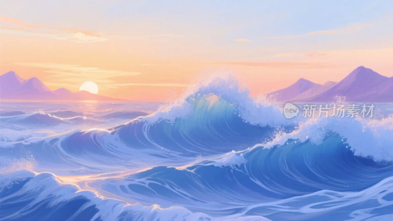 唯美海上日落波浪景象