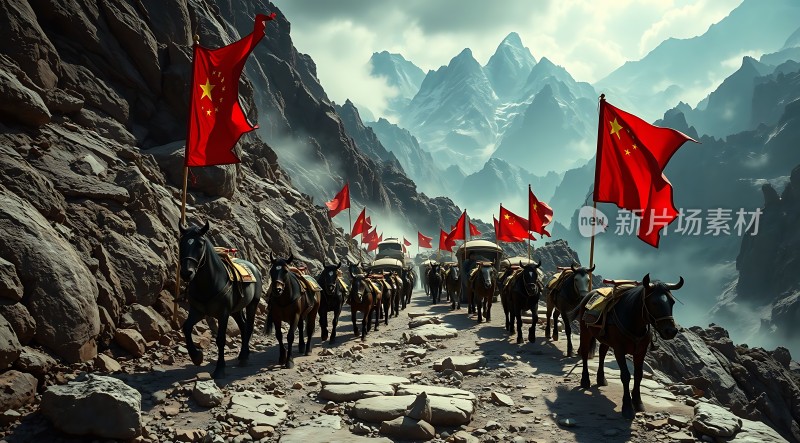 红旗飘扬马队行进在崎岖的山路上