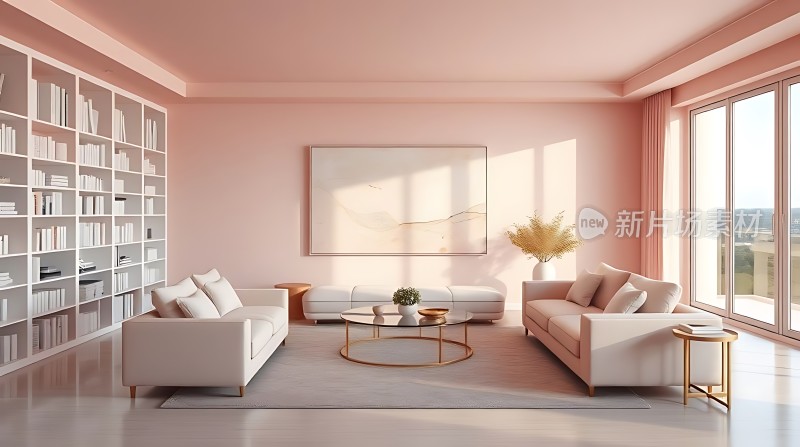 温馨客厅现代简约风格柔和色调舒适沙发优雅书架时尚装饰画