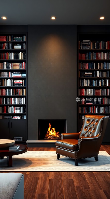现代书房设计书架、壁炉与皮质座椅营造温馨氛围
