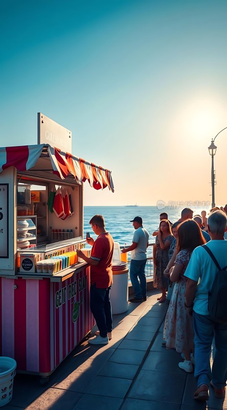 海边冰饮摊位夏日活力满满