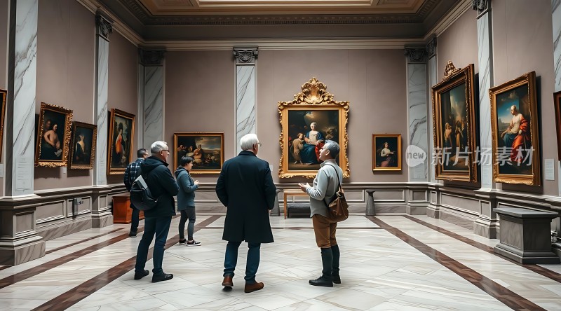 博物馆内几位参观者正在欣赏画作