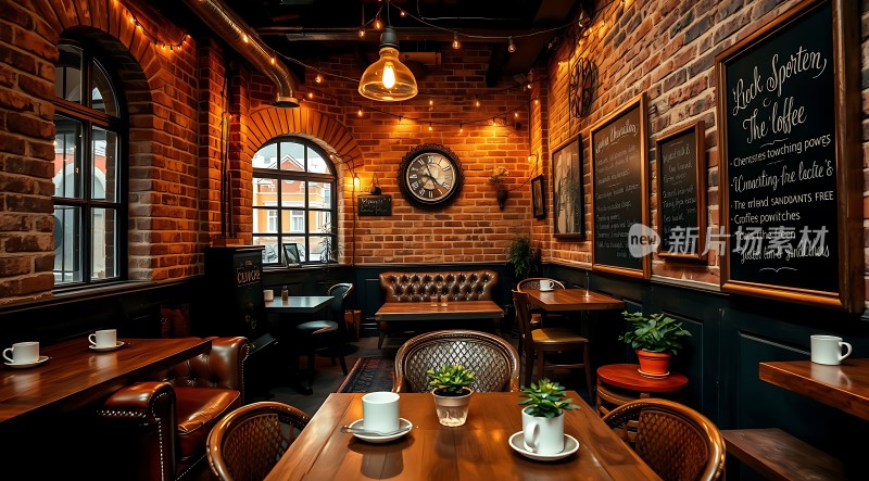 温馨咖啡馆砖墙木桌绿植点缀时光静好