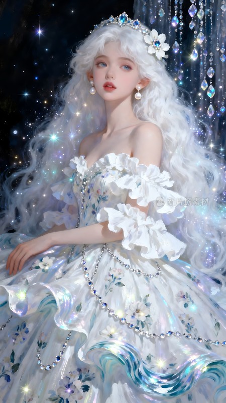白色长发公主梦幻礼服配皇冠耳环