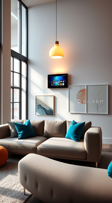 现代简约客厅舒适沙发与艺术装饰画