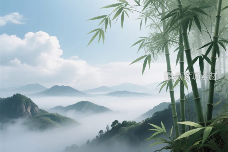 山水竹林风景插画