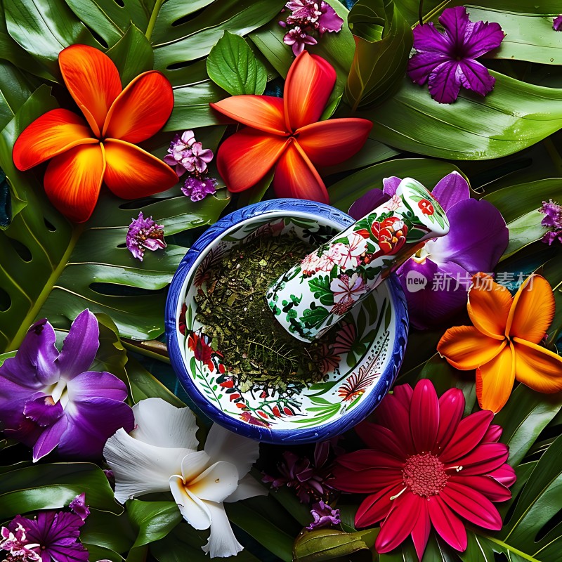 色彩斑斓的花卉环绕着精美的研钵和杵