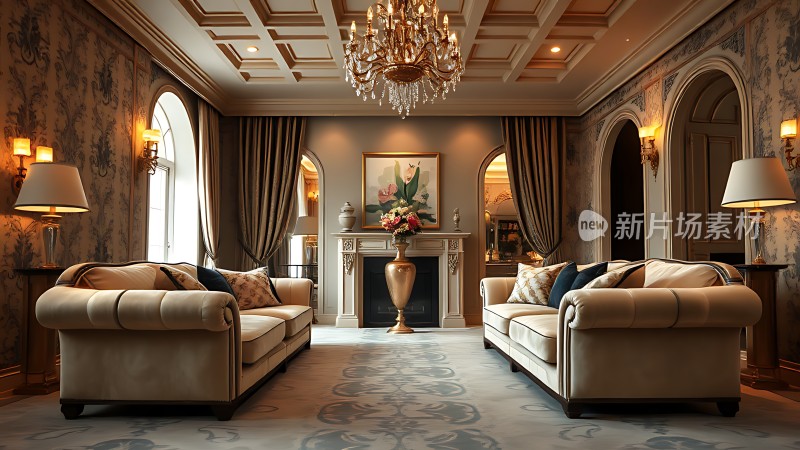豪华客厅优雅沙发精美吊灯艺术壁炉温馨氛围