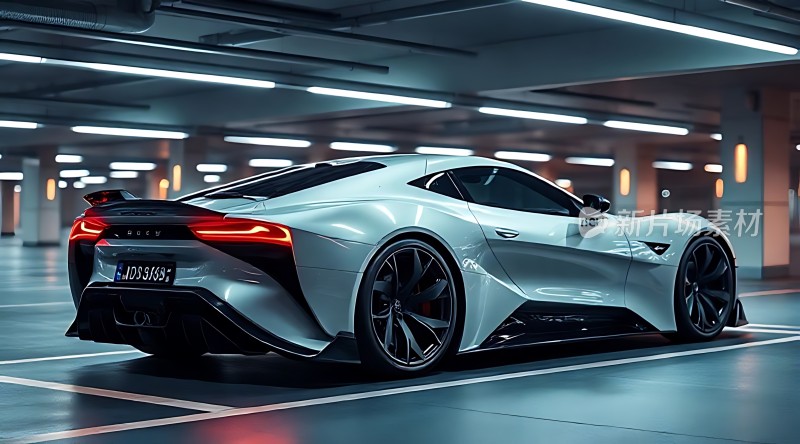 未来座驾科幻感十足的白色跑车在停车场中静候