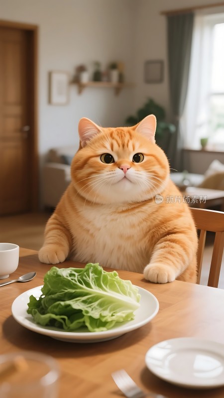 橘猫望向镜头桌上放着一盘生菜
