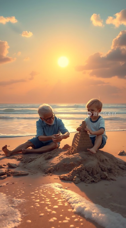 夕阳下的海滩父子共筑沙堡