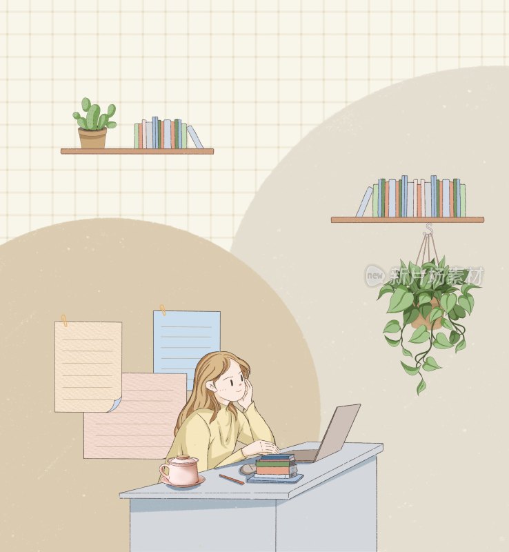 室内一个美女坐在办公桌前打电脑工作思考