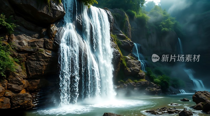 瀑布飞流直下绿意盎然自然美景令人陶醉