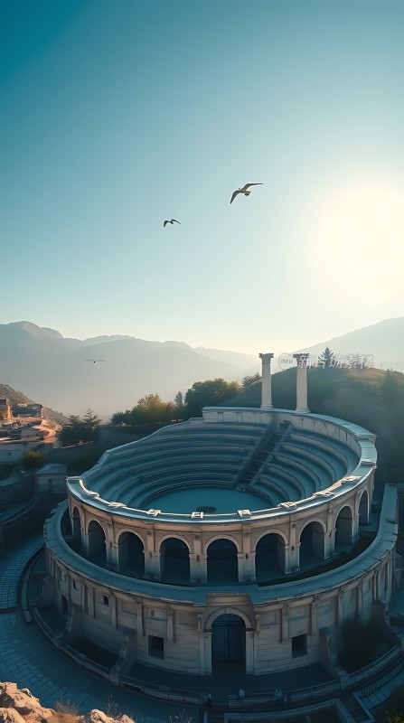 阳光下的圆形剧场与飞翔的海鸥