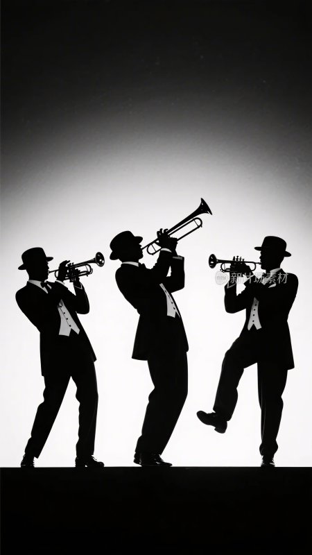 三位吹小号的人物剪影