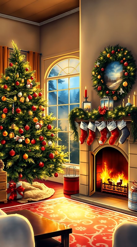 温馨圣诞夜壁炉旁的节日盛宴