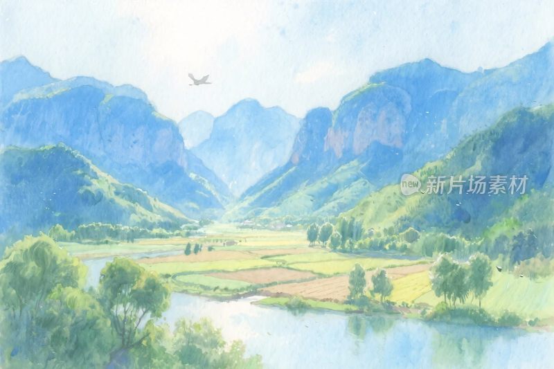 山水田园水彩画