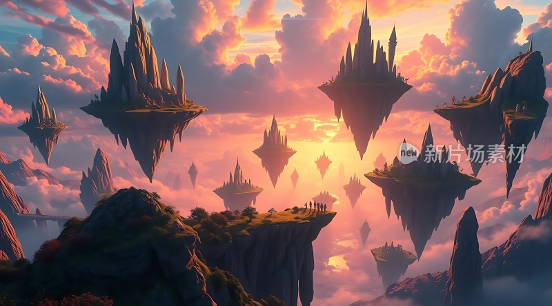 悬浮岛屿日落奇景