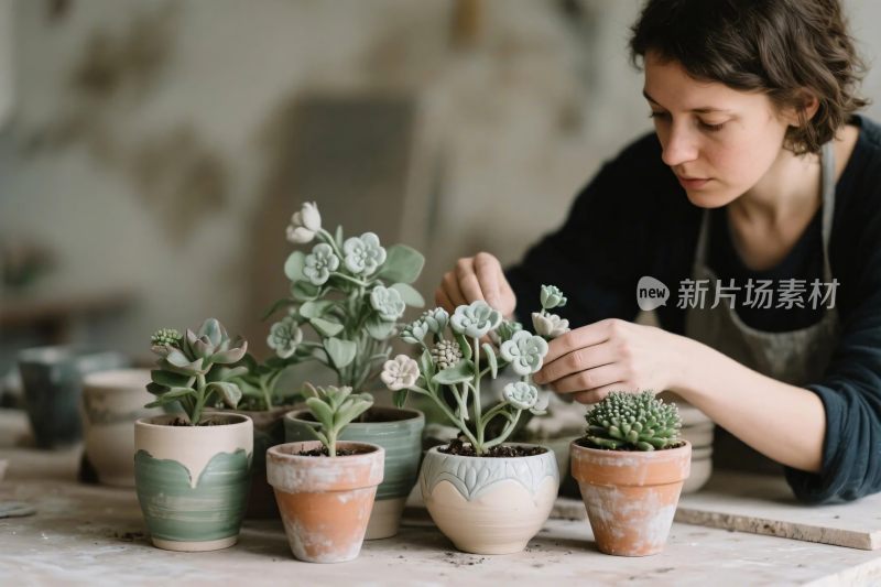 女子整理多肉植物布置