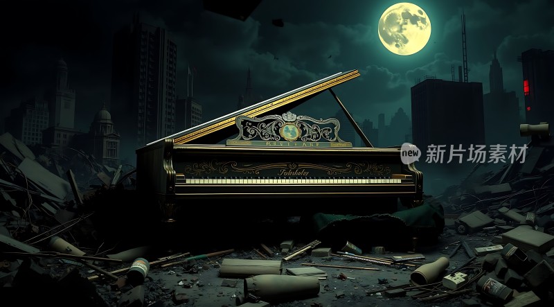 废弃钢琴与城市废墟