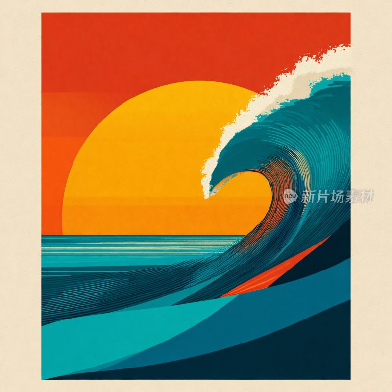 夕阳下的汹涌海浪插画