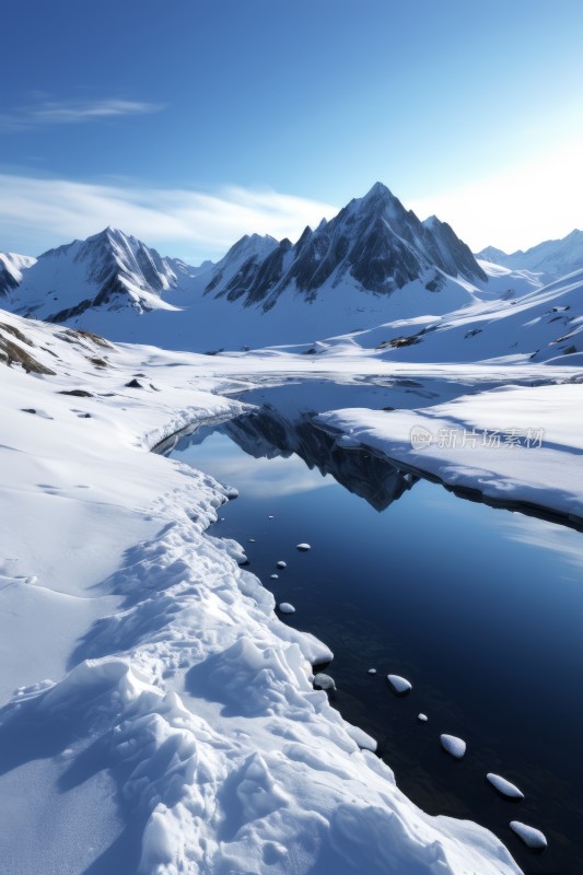 雪山山脉中间一小股水流高清风景图片