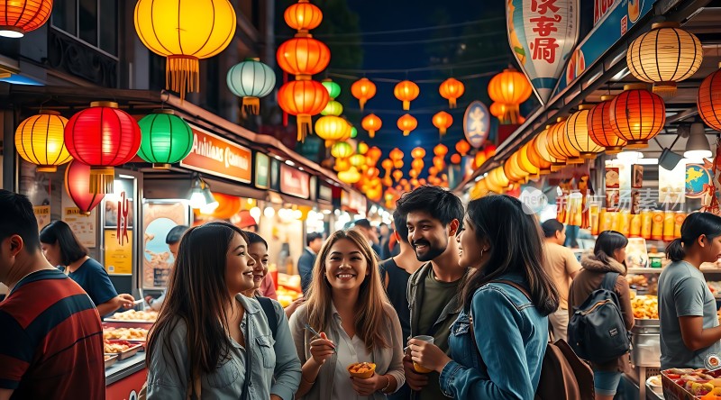 夜市灯笼下欢聚的朋友