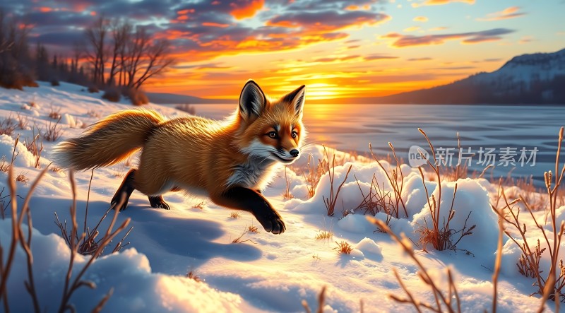 雪地红狐日落图