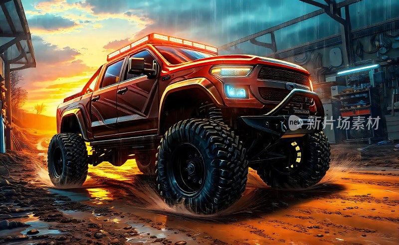 红色越野车在雨中疾驰