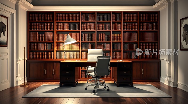 书房一角书架、桌椅与灯光营造宁静氛围