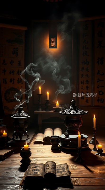 古香古色书房蜡烛与香炉营造静谧氛围