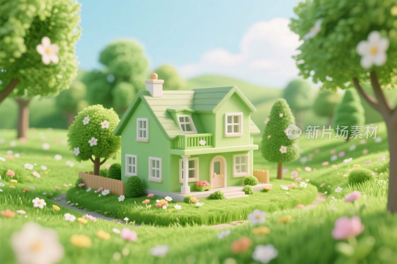 绿色童话小屋插画