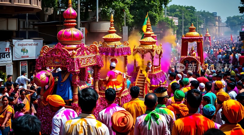 印度街头狂欢节色彩缤纷的游行队伍