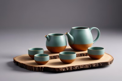 木托盘上有五个杯子和一个茶壶高清图片 木托盘上有五个杯子和一个茶壶高清图片