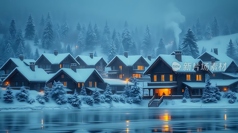 雪夜湖畔温馨小屋