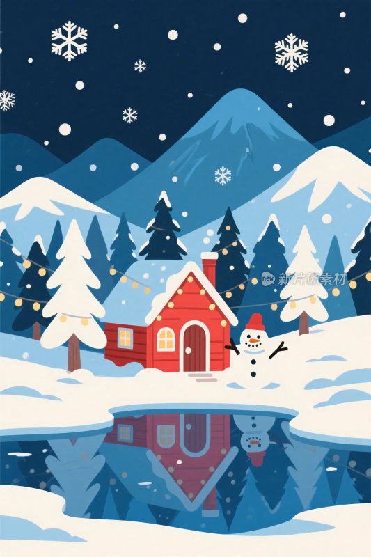 冬季雪景童话小屋插画