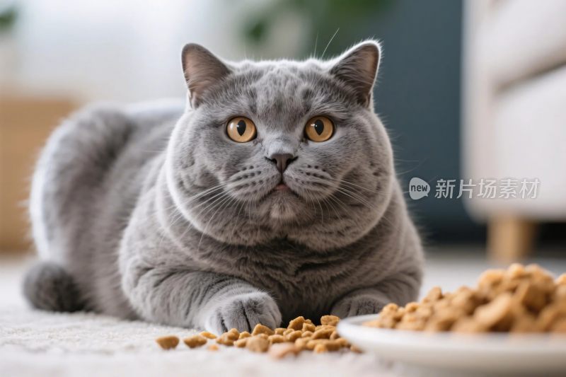 灰色猫咪与猫粮场景