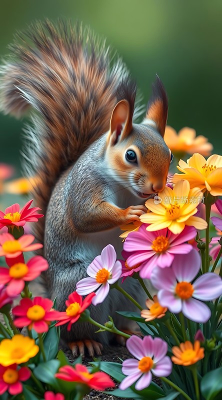 花丛中探出头的小松鼠