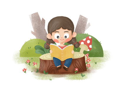 坐在树墩上看书的小女孩儿童插画 坐在树墩上看书的小女孩儿童插画