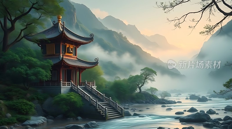 晨雾中的古亭幽谷