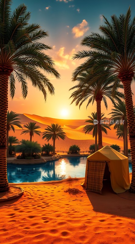 沙漠绿洲日落美景